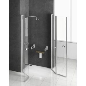 Elegante box doccia angolare t.b.t. trasparente con telaio cromato e sedile doccia.