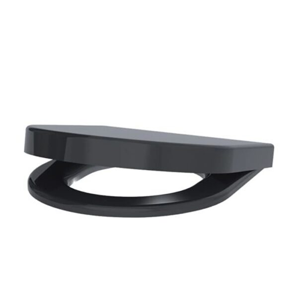 Sedile WC t.b.t. nero in plastica, leggermente aperto.