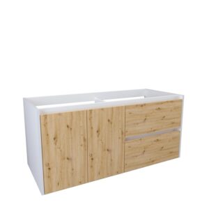 Mobile bagno bianco e effetto legno con due cassetti e due ante.