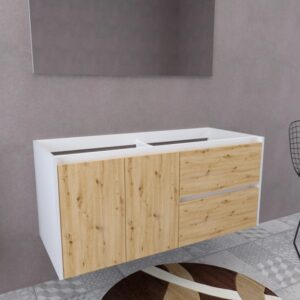 Mobile bagno sospeso in bianco e effetto legno.
