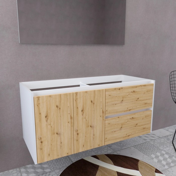 Mobile bagno sospeso in bianco e effetto legno.