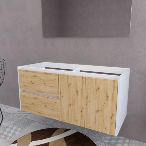 t.b.t. Mobile bagno sospeso con frontale in legno e fianchi bianchi.