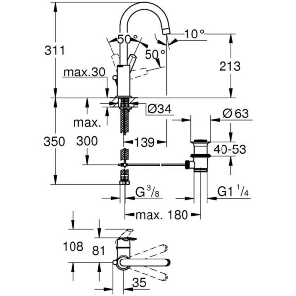 Disegno tecnico: Miscelatore lavabo Grohe Start cromato con bocca alta, dimensioni e dettagli.