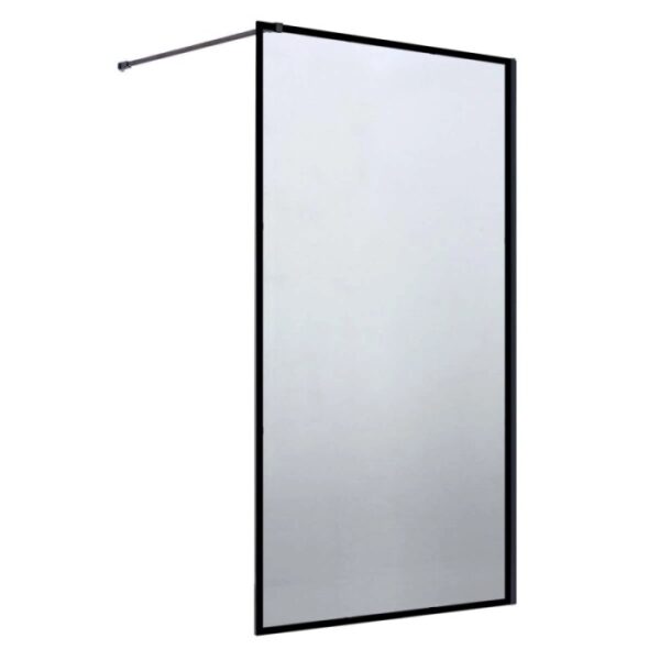 Box doccia walk-in t.b.t. con telaio nero e barra di stabilizzazione.
