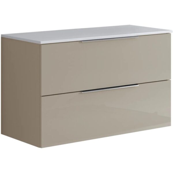Mobile bagno moderno color tortora con due cassetti e lavabo da appoggio bianco.