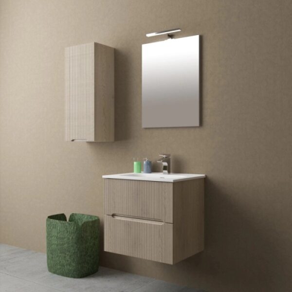 Set di mobili bagno t.b.t. con mobile lavabo, specchiera e pensile in legno.