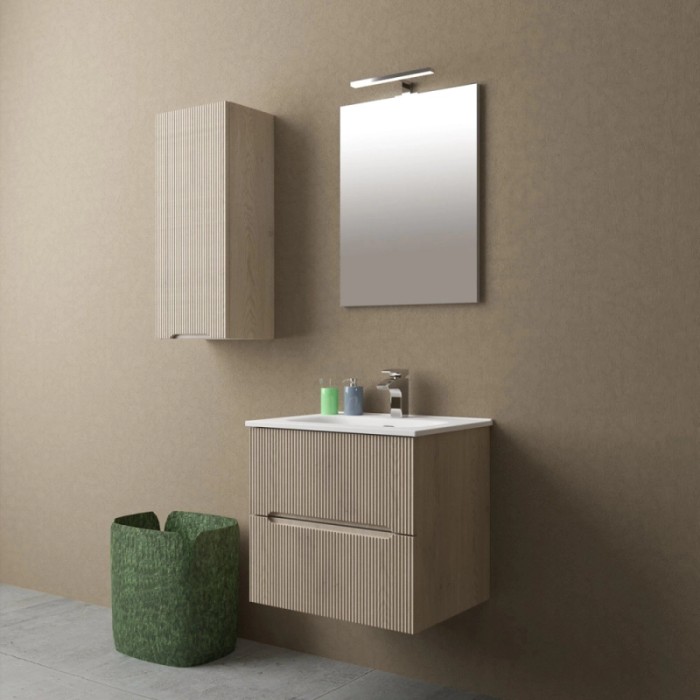 Set di mobili bagno t.b.t. con mobile lavabo, specchiera e pensile in legno.