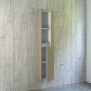 Mobile bagno alto beige con ripiani a giorno e un'anta.