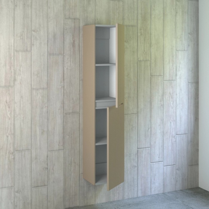 Mobile bagno alto beige con ripiani a giorno e un'anta.