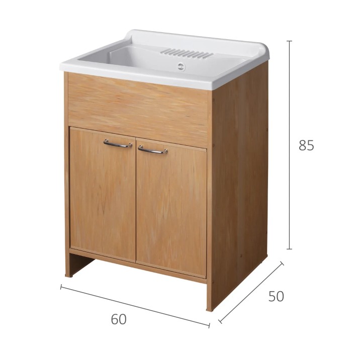 Mobile lavatoio t.b.t. con lavabo bianco e finitura effetto legno.