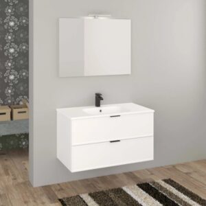 Mobile bagno bianco con due cassetti, rubinetto nero e specchio.