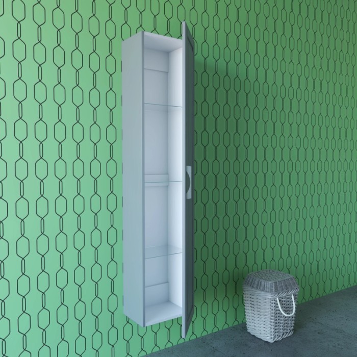 Mobile bagno sospeso stretto aperto con ripiani in vetro su parete decorata.