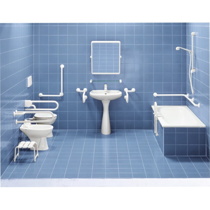 Bagno accessibile con specchio, lavandino, WC, vasca da bagno e maniglioni.