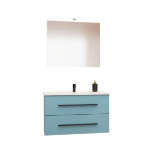 Set di mobili da bagno blu con lavabo, specchio e rubinetto per bagni moderni.