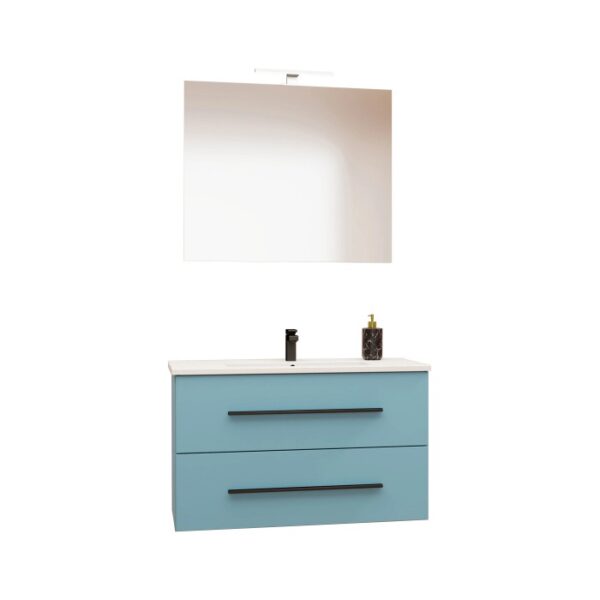 Set di mobili da bagno blu con lavabo, specchio e rubinetto per bagni moderni.