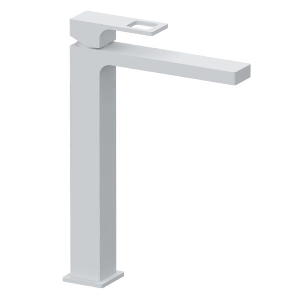 Rubinetto lavabo alto e moderno in bianco per bagno e toilette ospiti.