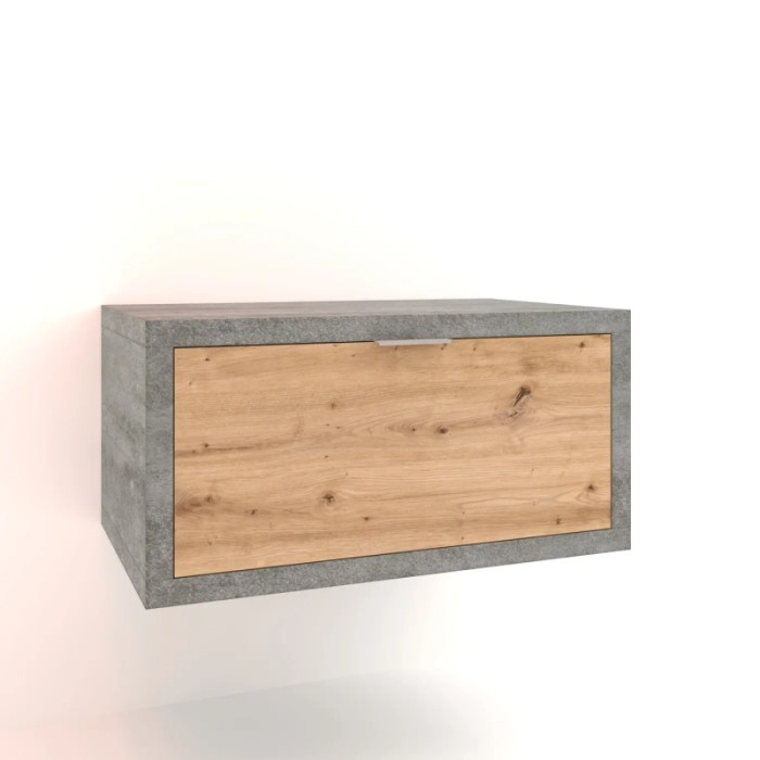 t.b.t. Mobile bagno sospeso con frontale in legno e effetto cemento.