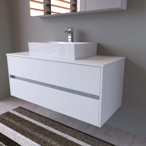 Mobile bagno bianco con lavabo da appoggio e due cassetti. Arredo bagno moderno.
