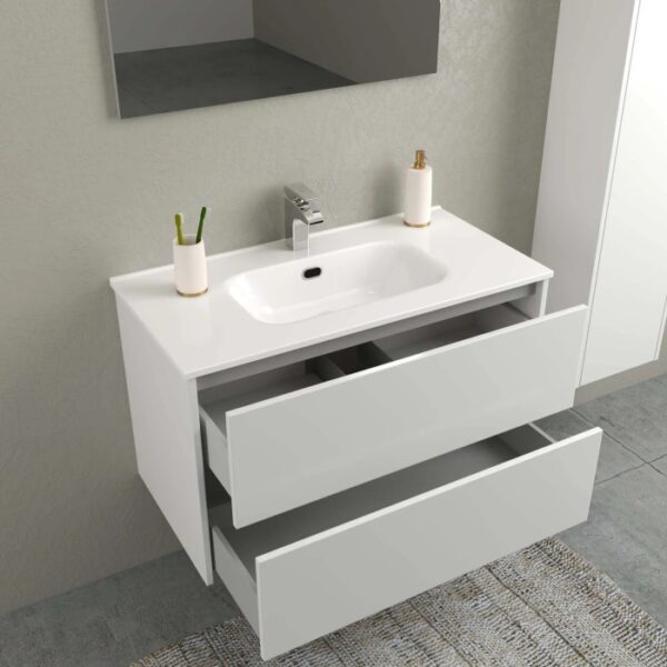Mobile bagno bianco con due cassetti, categoria arredamento bagno.