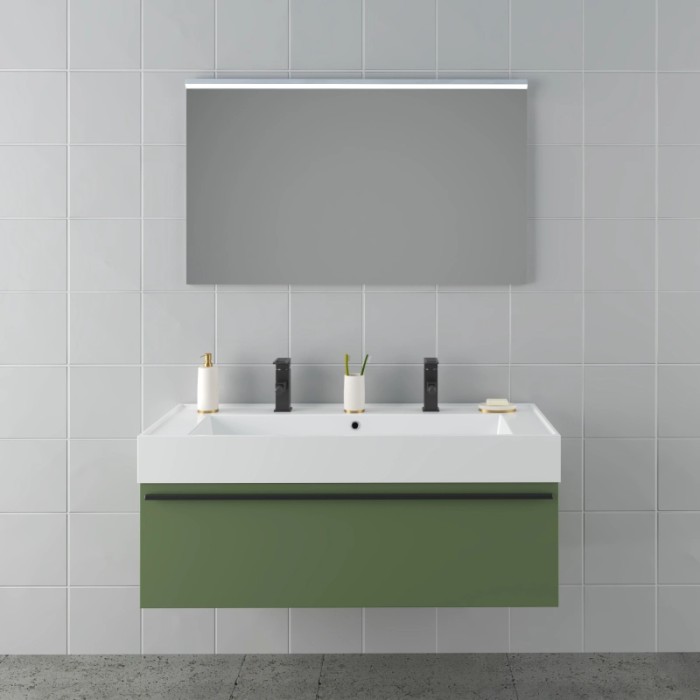 Set di mobili bagno moderni con lavabo, mobile sottolavabo verde e specchio illuminato.