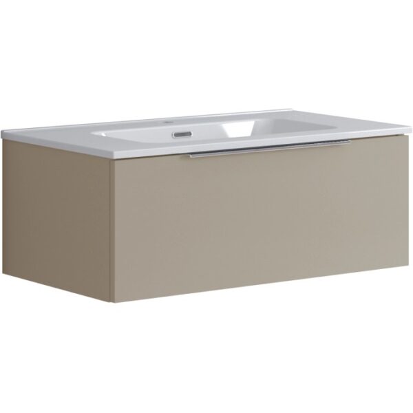 Mobile bagno t.b.t. color tortora con lavabo bianco.
