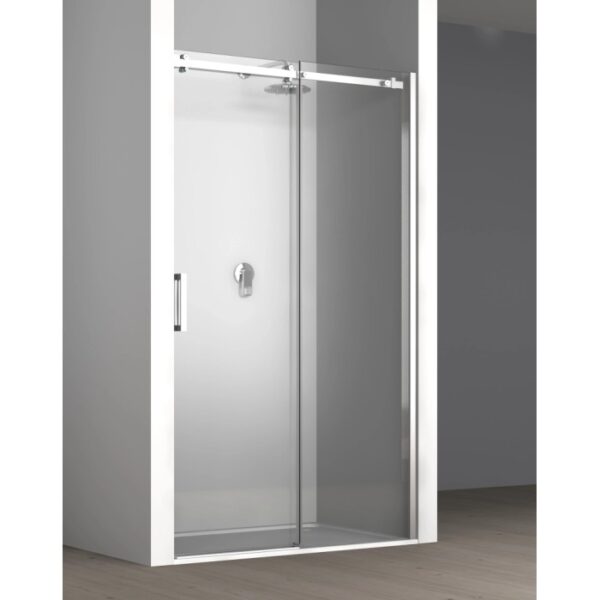 t.b.t. Porta doccia scorrevole con vetro trasparente e accessori argentati.