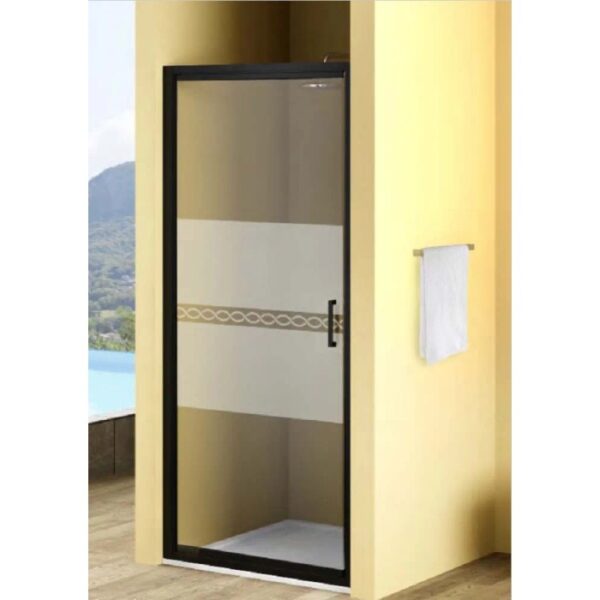 Porta doccia t.b.t. nera con vetro satinato e motivo decorativo per bagni moderni.
