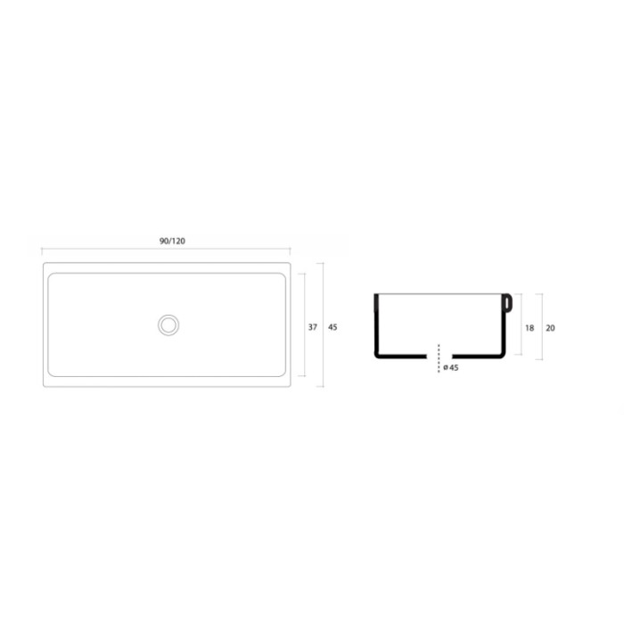 Disegno tecnico lavabo t.b.t. con dimensioni per l'installazione.