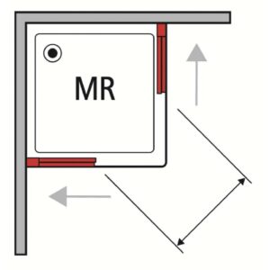 Schizzo di un box doccia angolare con dimensioni e funzione porta scorrevole.