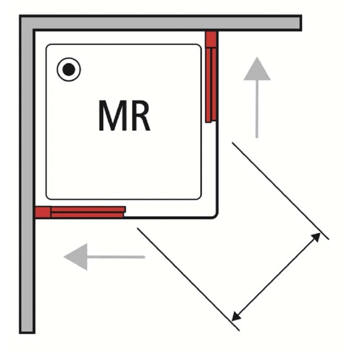 Schizzo di un box doccia angolare con dimensioni e funzione porta scorrevole.