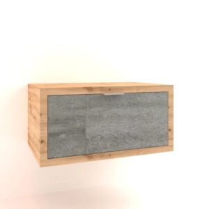 Mobile bagno sospeso con frontale grigio e cornice in legno. Arredo bagno.