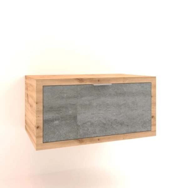 Mobile bagno sospeso con frontale grigio e cornice in legno. Arredo bagno.