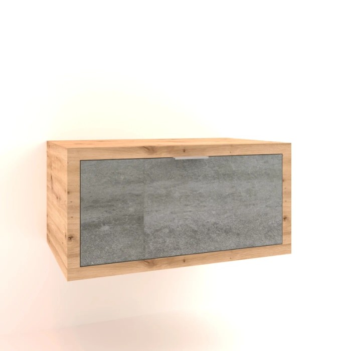 Mobile bagno sospeso con frontale grigio e cornice in legno. Arredo bagno.