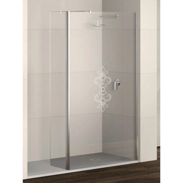t.b.t. Box doccia walk-in con decoro, vetro e profilo cromato.