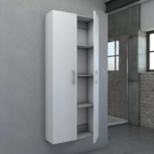 Mobile bagno sospeso bianco con ripiani a giorno.