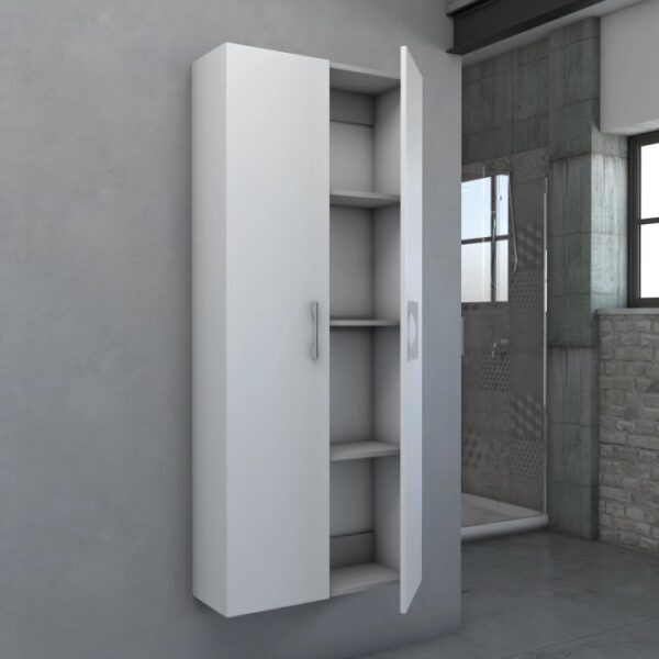 Mobile bagno sospeso bianco con ripiani a giorno.