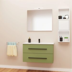 Set di mobili da bagno moderni con mobile lavabo verde, specchio e mensola. Design bagno elegante.