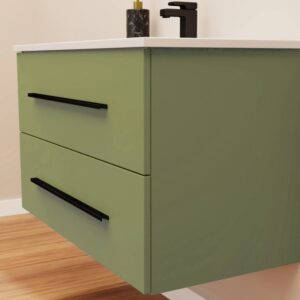 Mobile bagno verde con due cassetti e maniglie nere.