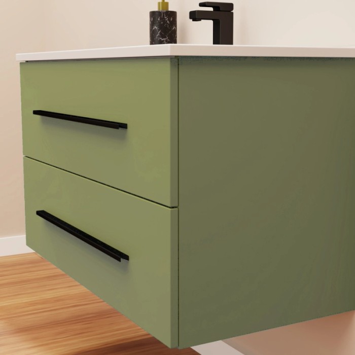 Mobile bagno verde con due cassetti e maniglie nere.