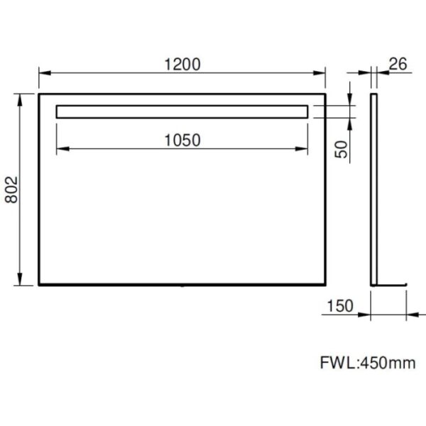 Disegno tecnico dello specchio da parete t.b.t. con dimensioni.