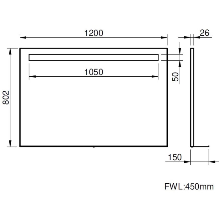 Disegno tecnico dello specchio da parete t.b.t. con dimensioni.