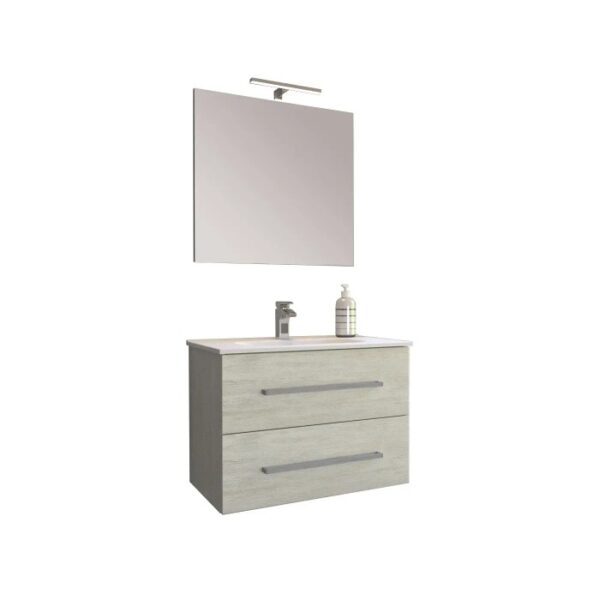 Moderno set di mobili da bagno: mobile lavabo con due cassetti, specchio e rubinetto.