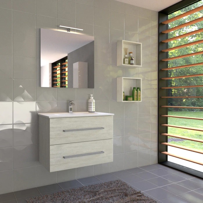 Set di mobili da bagno moderni con mobile lavabo, specchio e mensole.