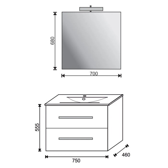 Schizzo: Mobile bagno con due cassetti e specchio con illuminazione. Arredo bagno.