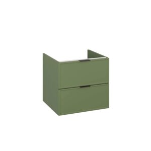 Mobile bagno sospeso verde con due cassetti e maniglie nere.