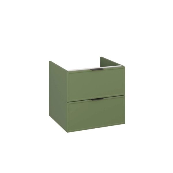 Mobile bagno sospeso verde con due cassetti e maniglie nere.