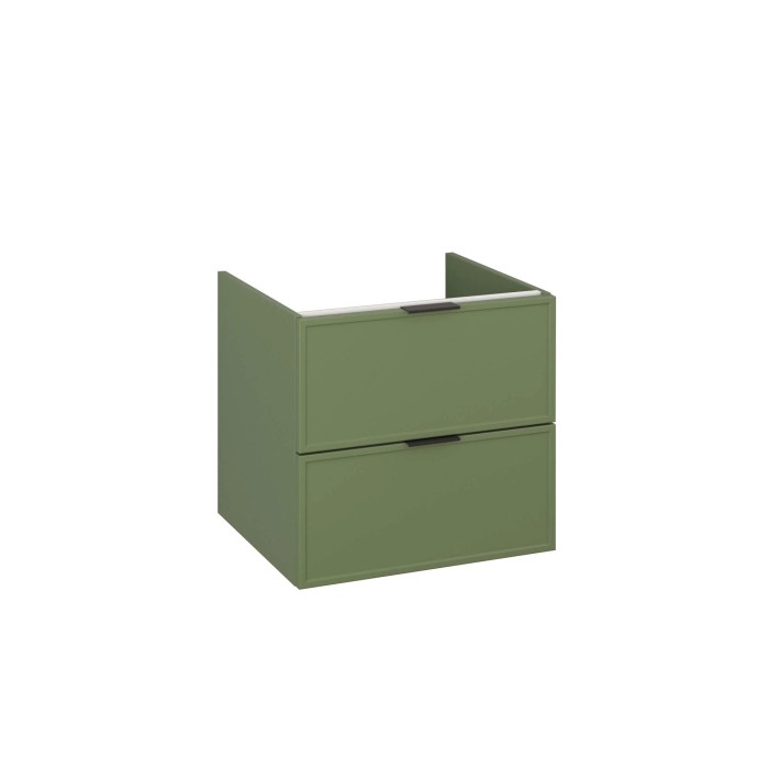 Mobile bagno sospeso verde con due cassetti e maniglie nere.