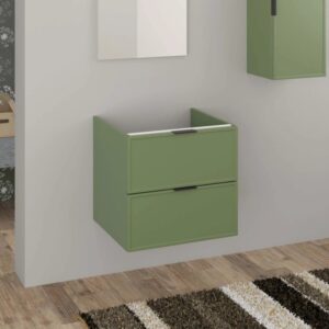 Mobile bagno sospeso verde con due cassetti per arredamento bagno.
