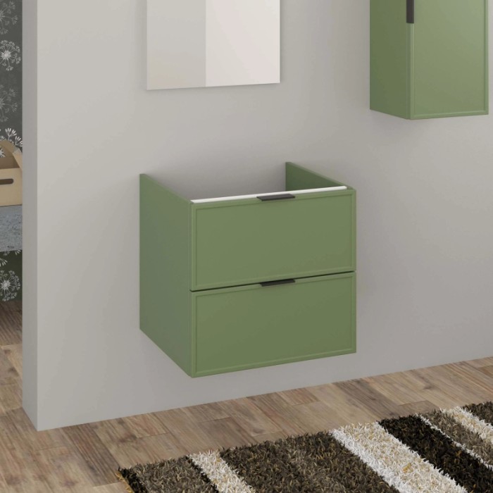 Mobile bagno sospeso verde con due cassetti per arredamento bagno.