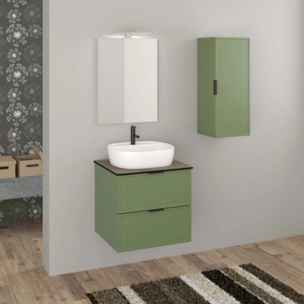 Set di mobili bagno moderni: lavabo, mobile bagno verde, specchio contenitore e pensile.